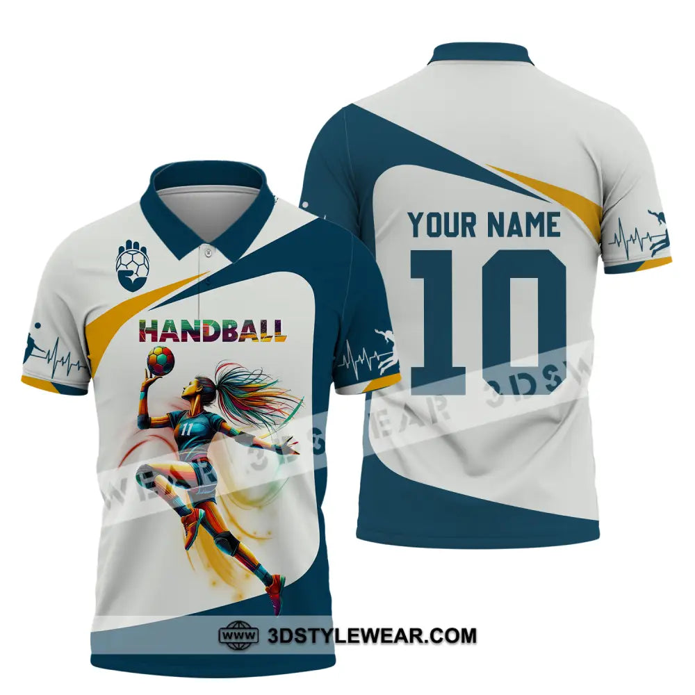 Unisex Shirt - Custom Name And Number Sport Handball White Blue Classic Polo / S T-Shirt