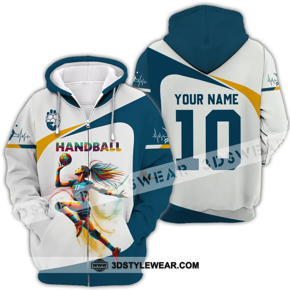 Unisex Shirt - Custom Name And Number Sport Handball White Blue Classic Zipper Hoodie / S T-Shirt