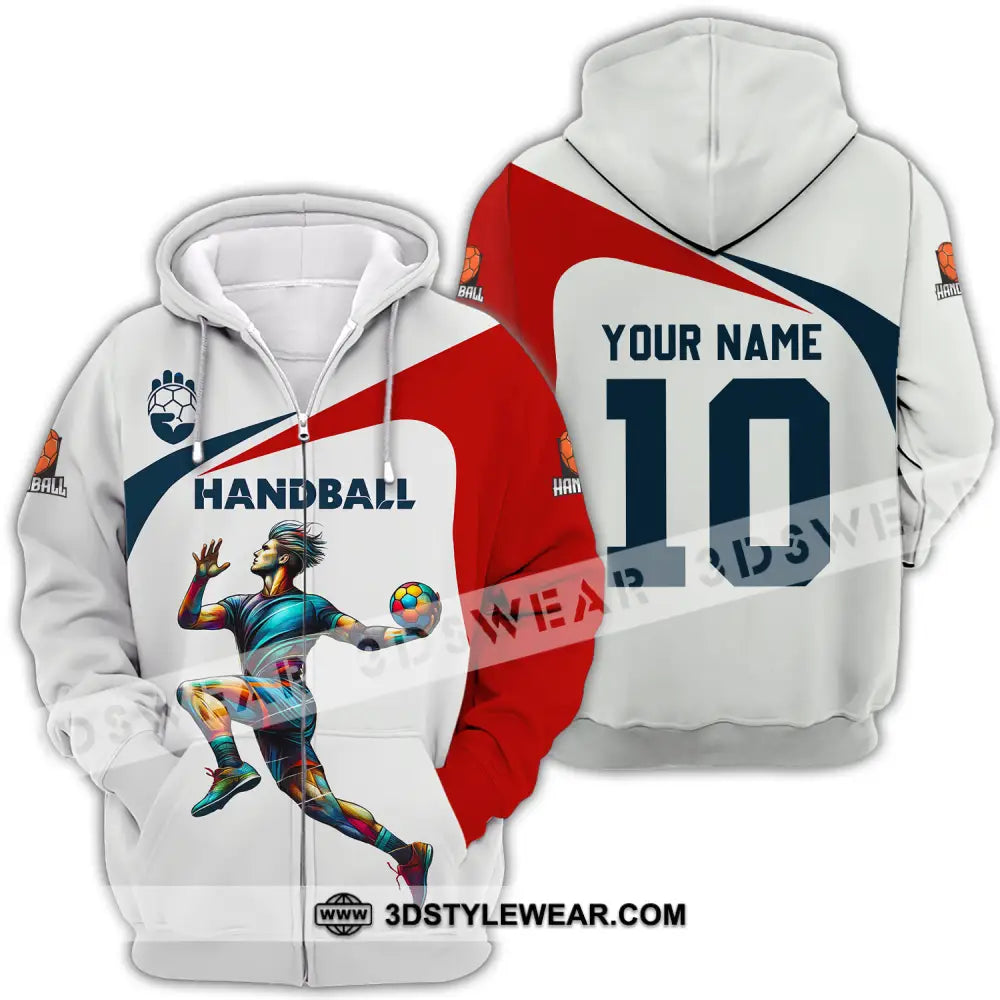 Unisex Shirt - Custom Name And Number Sport Handball White Red Classic Zipper Hoodie / S T-Shirt