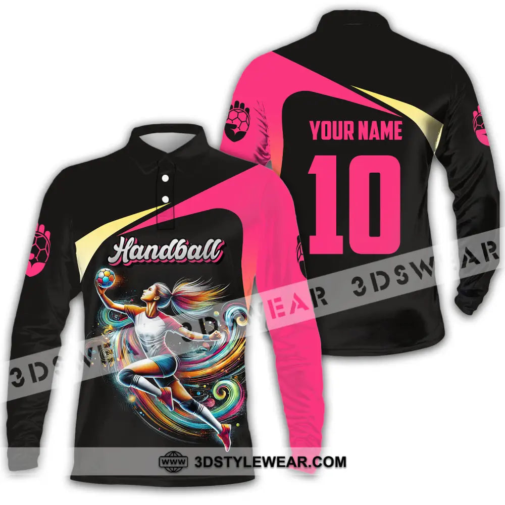 Unisex Shirt - Custom Name And Number Sport Hot Pink Handball Long Sleeve Polo / S T-Shirt