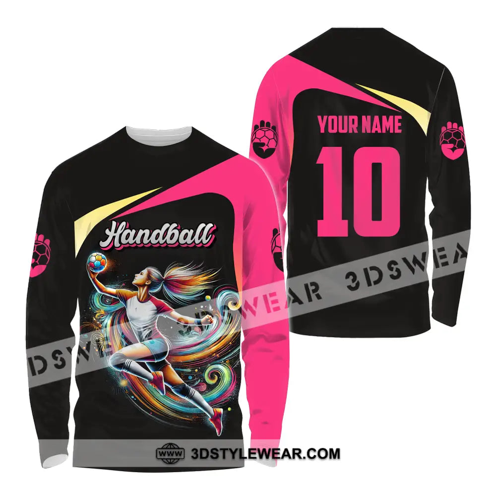 Unisex Shirt - Custom Name And Number Sport Hot Pink Handball Long Sleeve / S T-Shirt