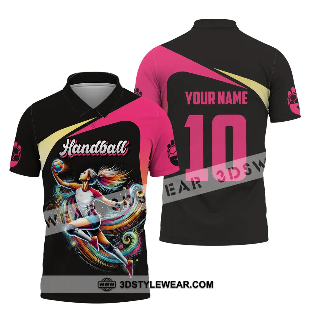 Unisex Shirt - Custom Name And Number Sport Hot Pink Handball Polo / S T-Shirt