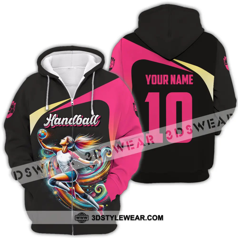 Unisex Shirt - Custom Name And Number Sport Hot Pink Handball Zipper Hoodie / S T-Shirt