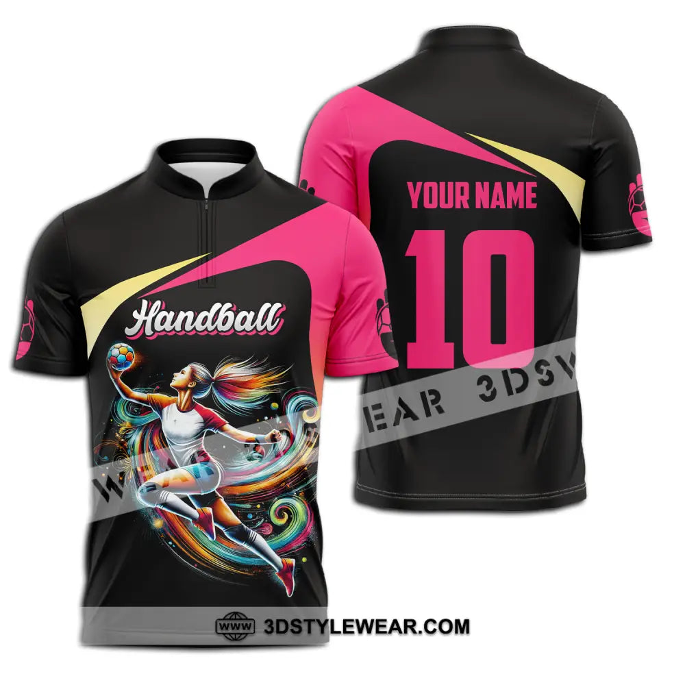 Unisex Shirt - Custom Name And Number Sport Hot Pink Handball Zipper Polo / S T-Shirt