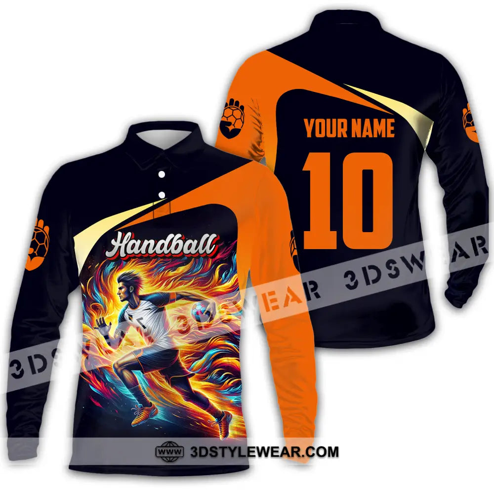 Unisex Shirt - Custom Name And Number Sport Orange Handball Long Sleeve Polo / S T-Shirt