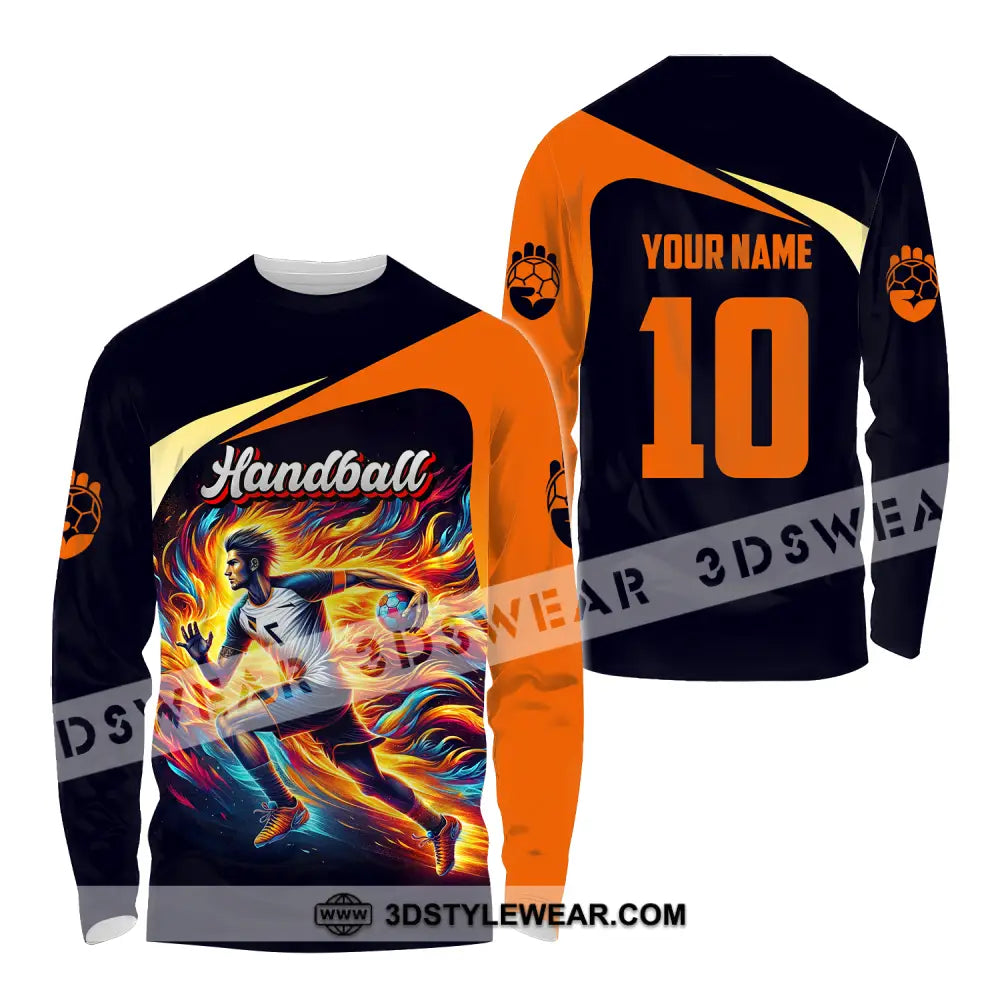 Unisex Shirt - Custom Name And Number Sport Orange Handball Long Sleeve / S T-Shirt