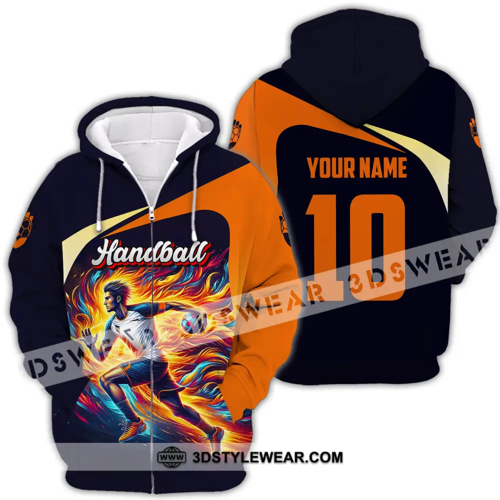 Unisex Shirt - Custom Name And Number Sport Orange Handball Zipper Hoodie / S T-Shirt