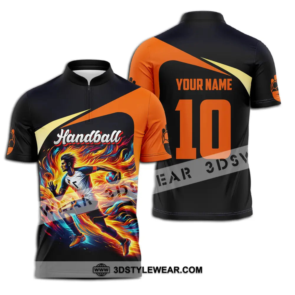 Unisex Shirt - Custom Name And Number Sport Orange Handball Zipper Polo / S T-Shirt