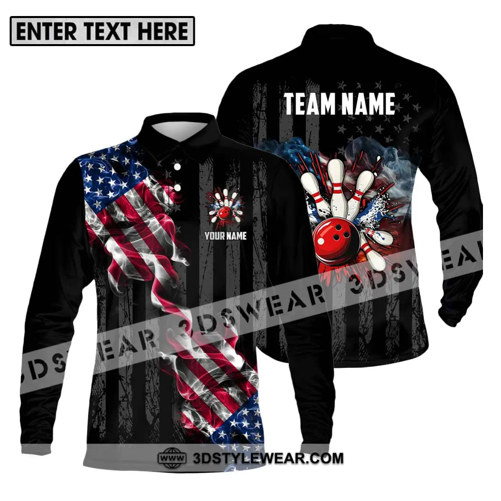 Unisex Shirt - Custom Name And Team America Bowling Sport Long Sleeve Polo / S T-Shirt