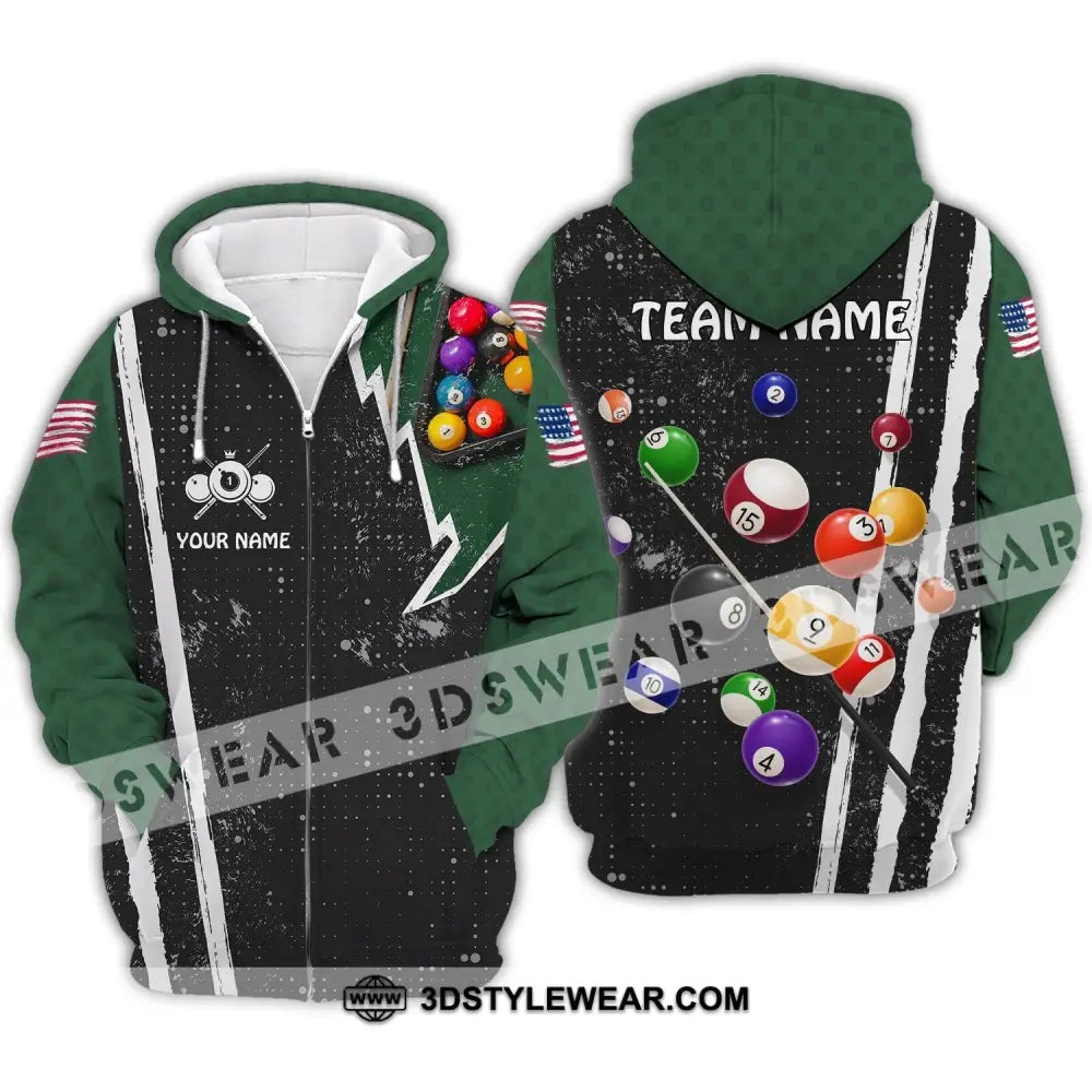 Unisex Shirt - Custom Name And Team American Billiard Lover Black Green Zipper Hoodie / S T-Shirt