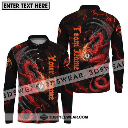 Unisex Shirt - Custom Name And Team Billiard Fire Dragon Long Sleeve Polo / S T-Shirt