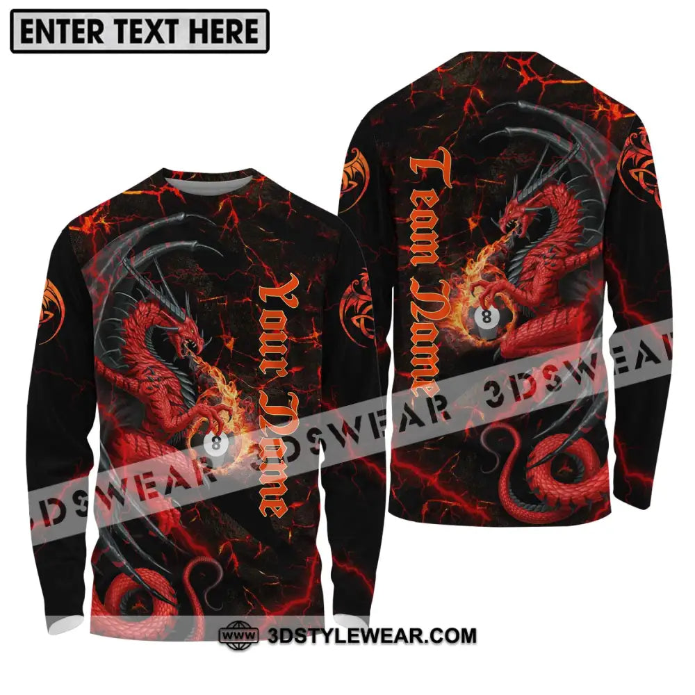 Unisex Shirt - Custom Name And Team Billiard Fire Dragon Long Sleeve / S T-Shirt