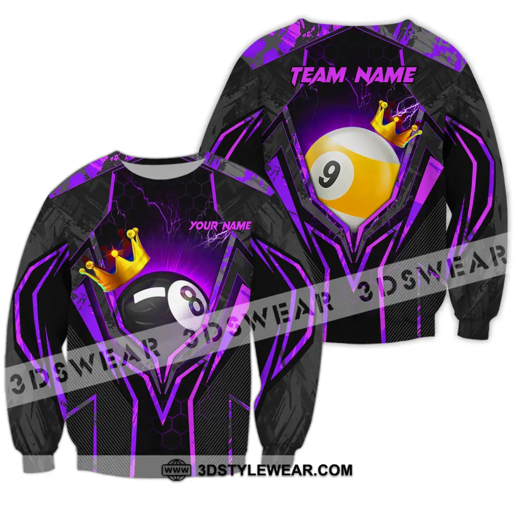 Unisex Shirt - Custom Name And Team Billiard Purple Line Crown Long Sleeve / S T-Shirt