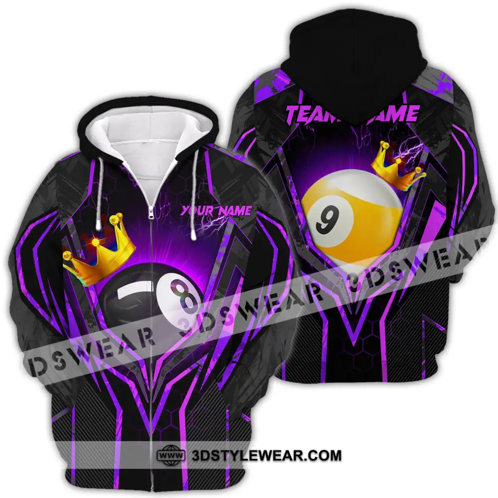 Unisex Shirt - Custom Name And Team Billiard Purple Line Crown Zipper Hoodie / S T-Shirt