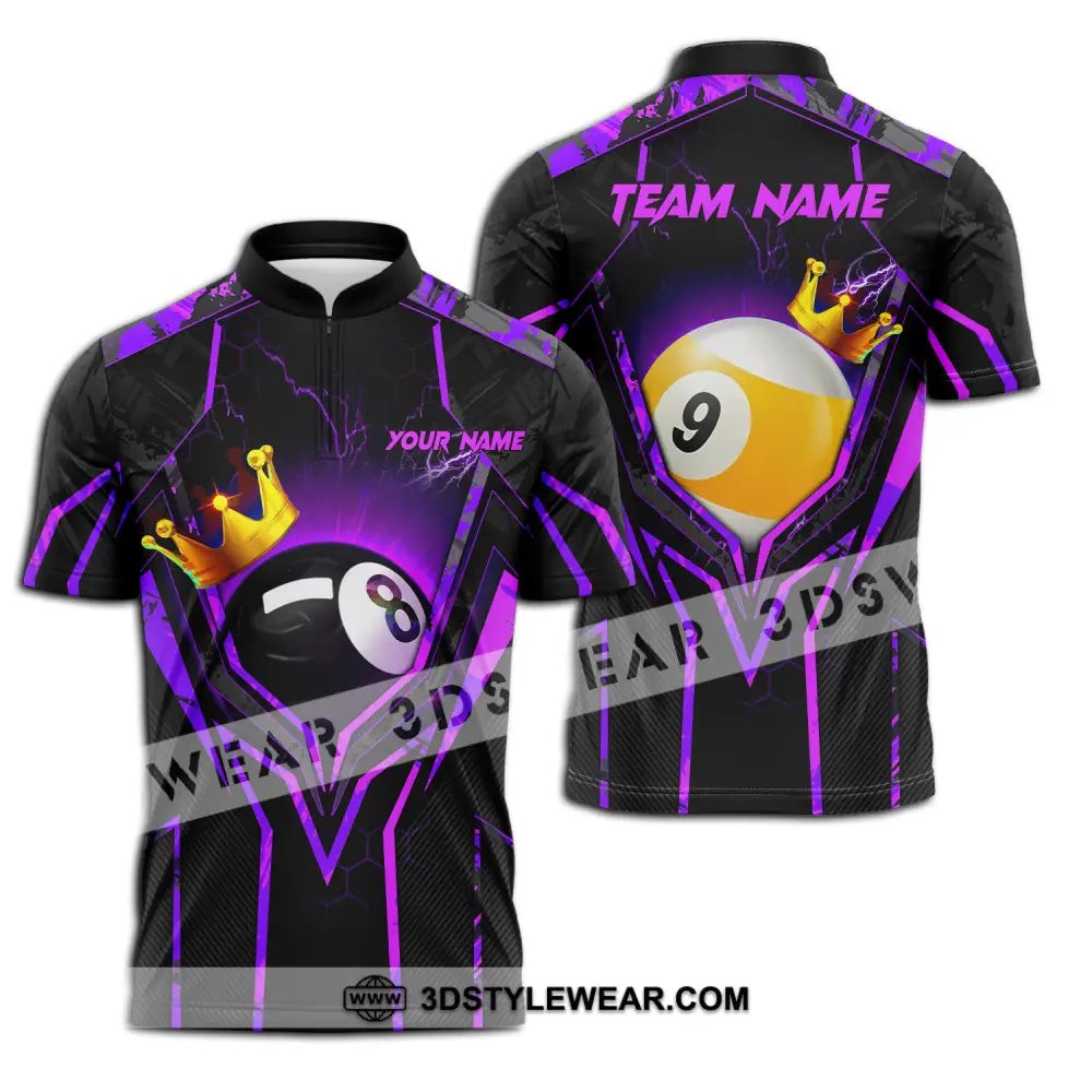 Unisex Shirt - Custom Name And Team Billiard Purple Line Crown Zipper Polo / S T-Shirt