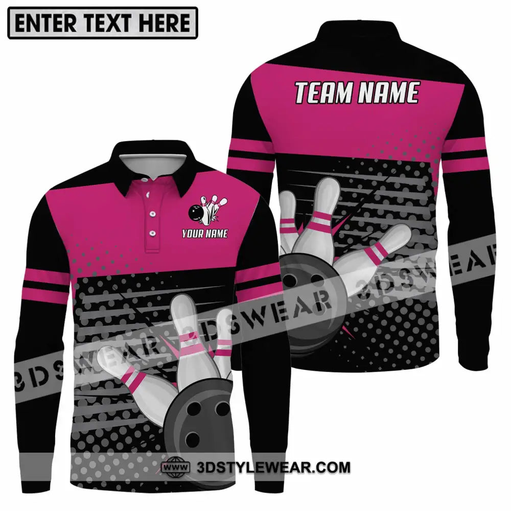 Unisex Shirt - Custom Name And Team Black Pink With Bowling Pins Long Sleeve Polo / S T-Shirt