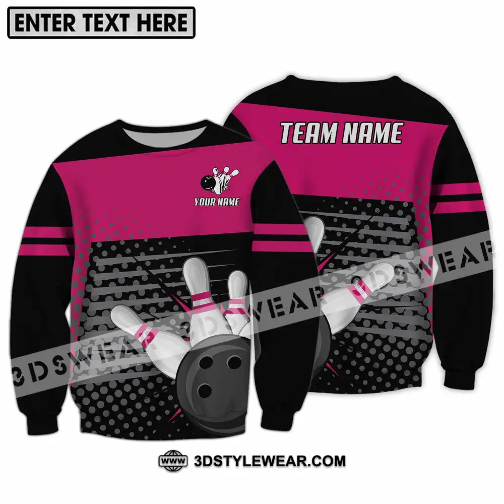 Unisex Shirt - Custom Name And Team Black Pink With Bowling Pins Long Sleeve / S T-Shirt