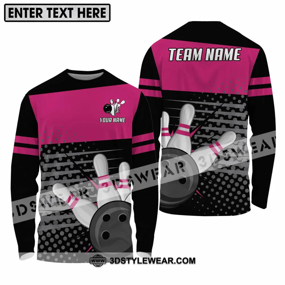 Unisex Shirt - Custom Name And Team Black Pink With Bowling Pins Long Sleeve / S T-Shirt