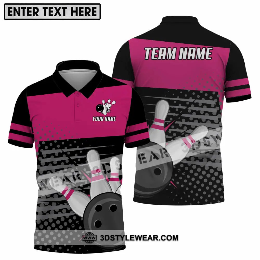 Unisex Shirt - Custom Name And Team Black Pink With Bowling Pins Polo / S T-Shirt