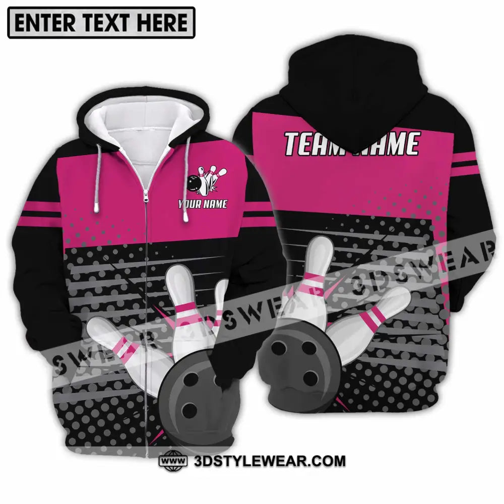 Unisex Shirt - Custom Name And Team Black Pink With Bowling Pins Zipper Hoodie / S T-Shirt