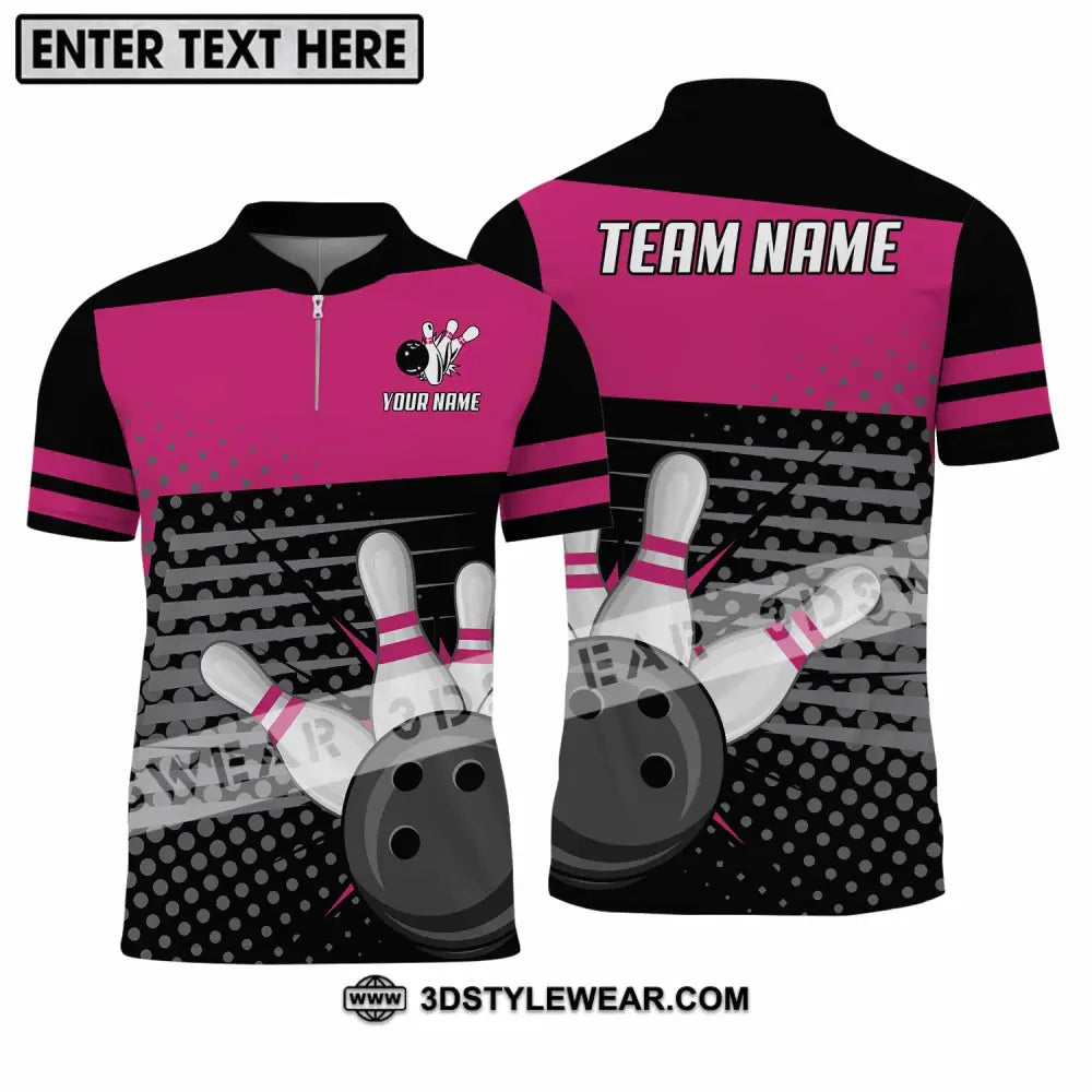 Unisex Shirt - Custom Name And Team Black Pink With Bowling Pins Zipper Polo / S T-Shirt