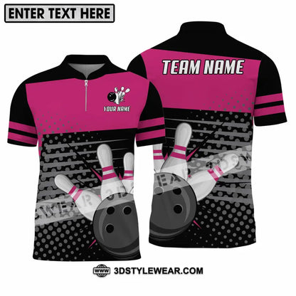 Unisex Shirt - Custom Name And Team Black Pink With Bowling Pins Zipper Polo / S T-Shirt