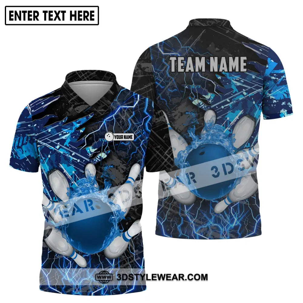 Unisex Shirt - Custom Name And Team Blue Lightning Bowling Polo / S T-Shirt