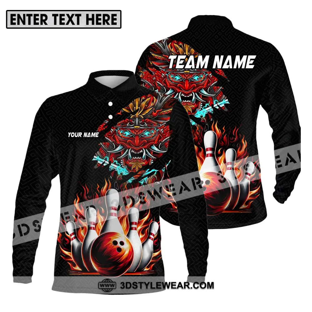 Unisex Shirt - Custom Name And Team Bowling Fire Dragon Head Long Sleeve Polo / S T-Shirt