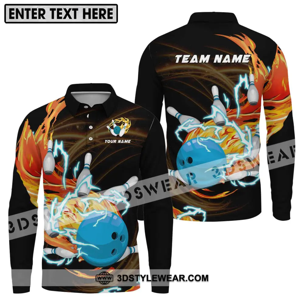 Unisex Shirt - Custom Name And Team Bowling Fire Water Long Sleeve Polo / S T-Shirt