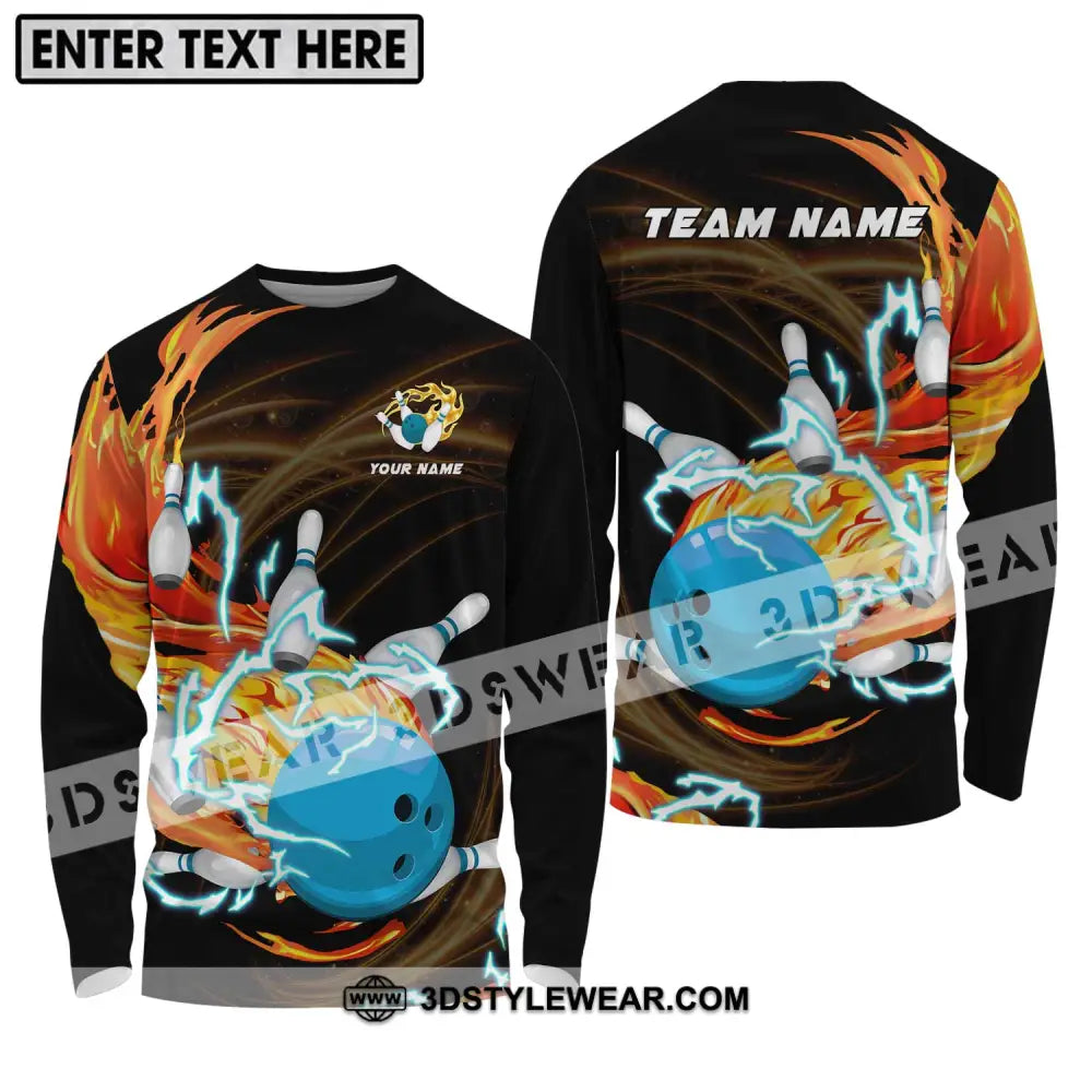 Unisex Shirt - Custom Name And Team Bowling Fire Water Long Sleeve / S T-Shirt