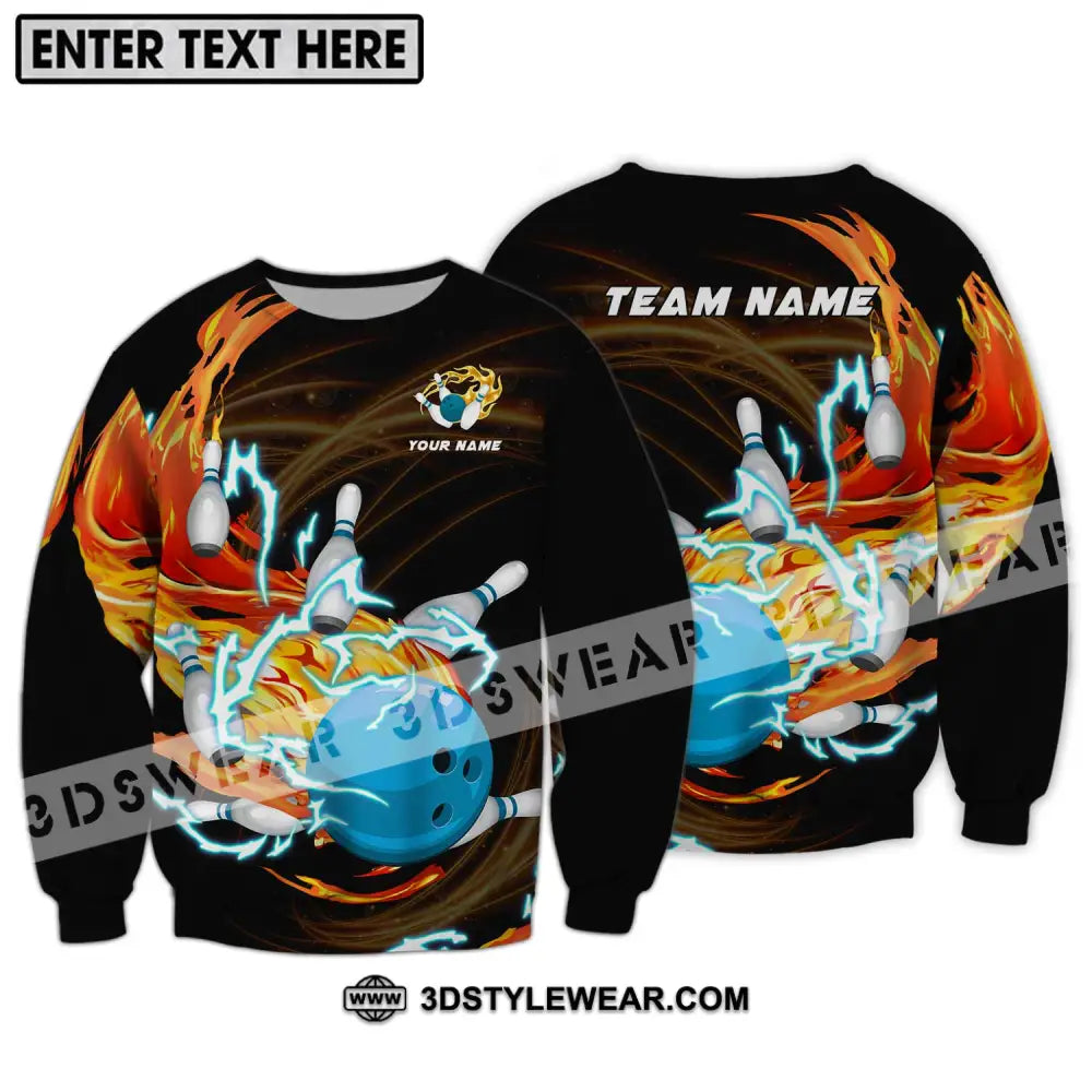 Unisex Shirt - Custom Name And Team Bowling Fire Water Long Sleeve / S T-Shirt