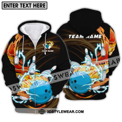 Unisex Shirt - Custom Name And Team Bowling Fire Water Zipper Hoodie / S T-Shirt