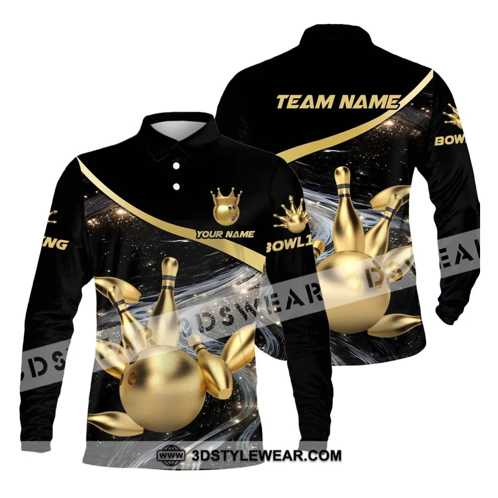 Unisex Shirt - Custom Name And Team Bowling Gold Pins Ball Long Sleeve Polo / S T-Shirt