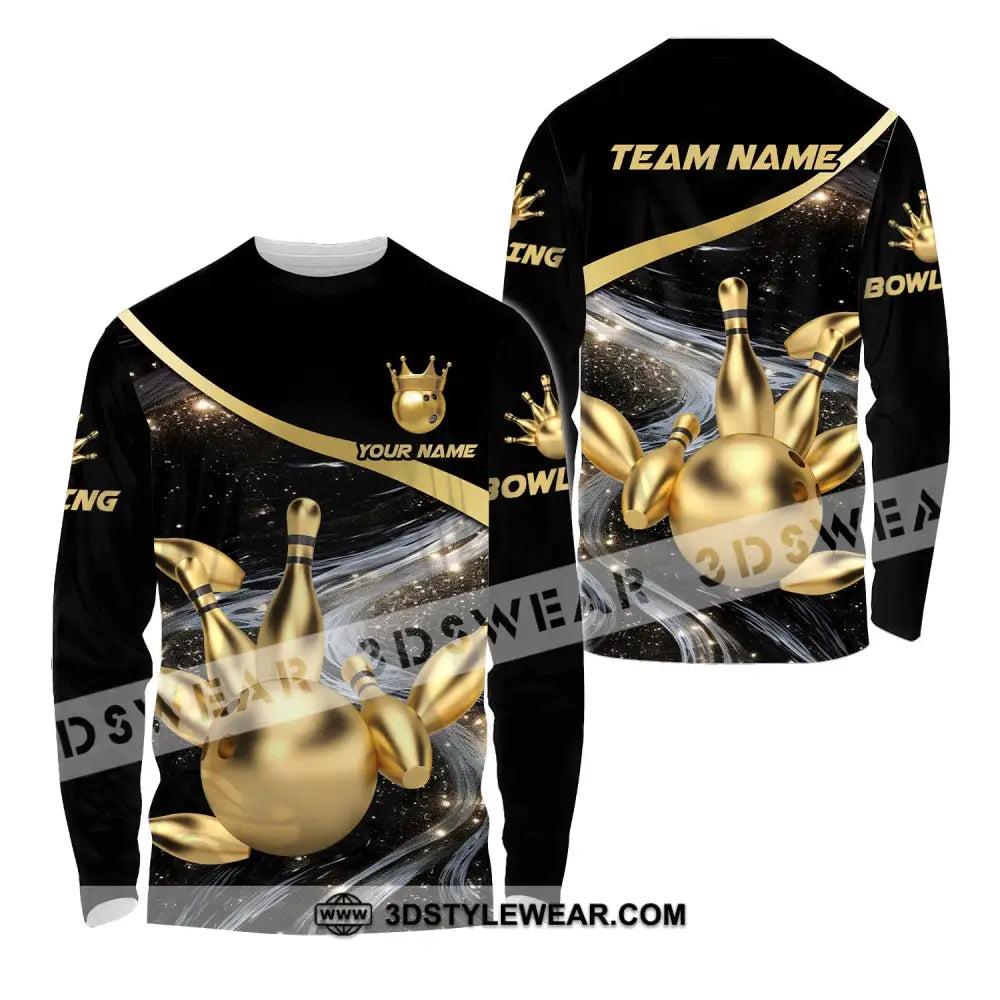 Unisex Shirt - Custom Name And Team Bowling Gold Pins Ball Long Sleeve / S T-Shirt