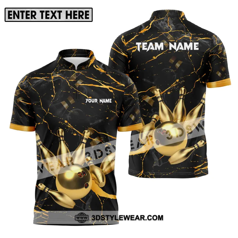 Unisex Shirt - Custom Name And Team Bowling Golden Pins Ball Zipper Polo / S T-Shirt