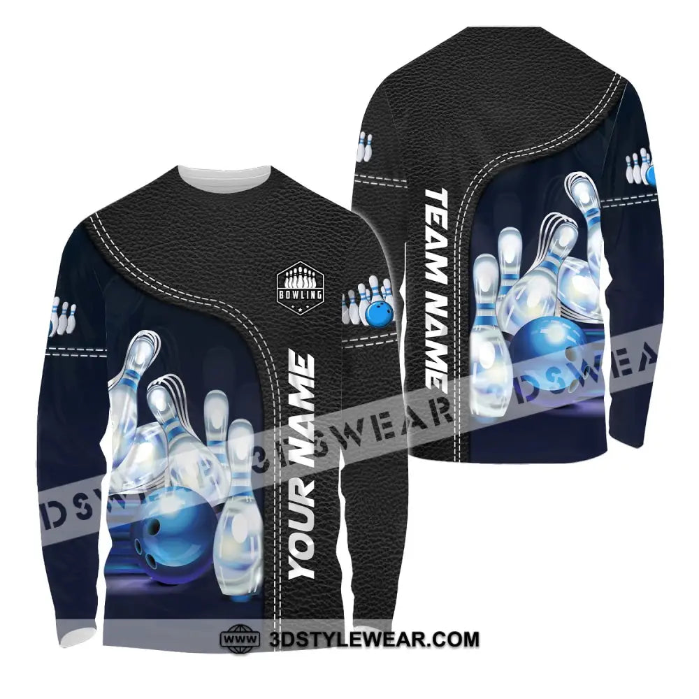 Unisex Shirt - Custom Name And Team Bowling Ice Pins Blue Ball Long Sleeve / S T-Shirt