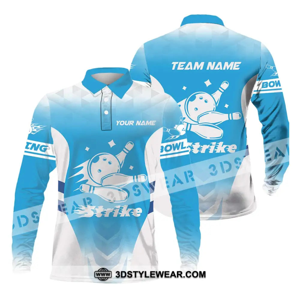 Unisex Shirt - Custom Name And Team Bowling Light Blue Strike Long Sleeve Polo / S T-Shirt