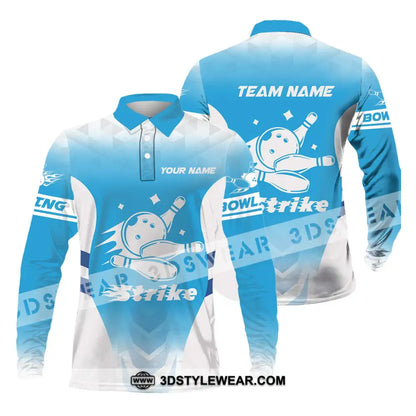 Unisex Shirt - Custom Name And Team Bowling Light Blue Strike Long Sleeve Polo / S T-Shirt