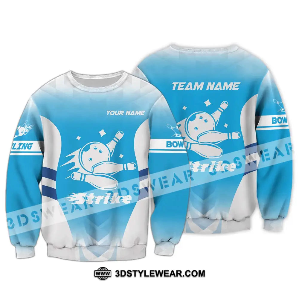 Unisex Shirt - Custom Name And Team Bowling Light Blue Strike Long Sleeve / S T-Shirt