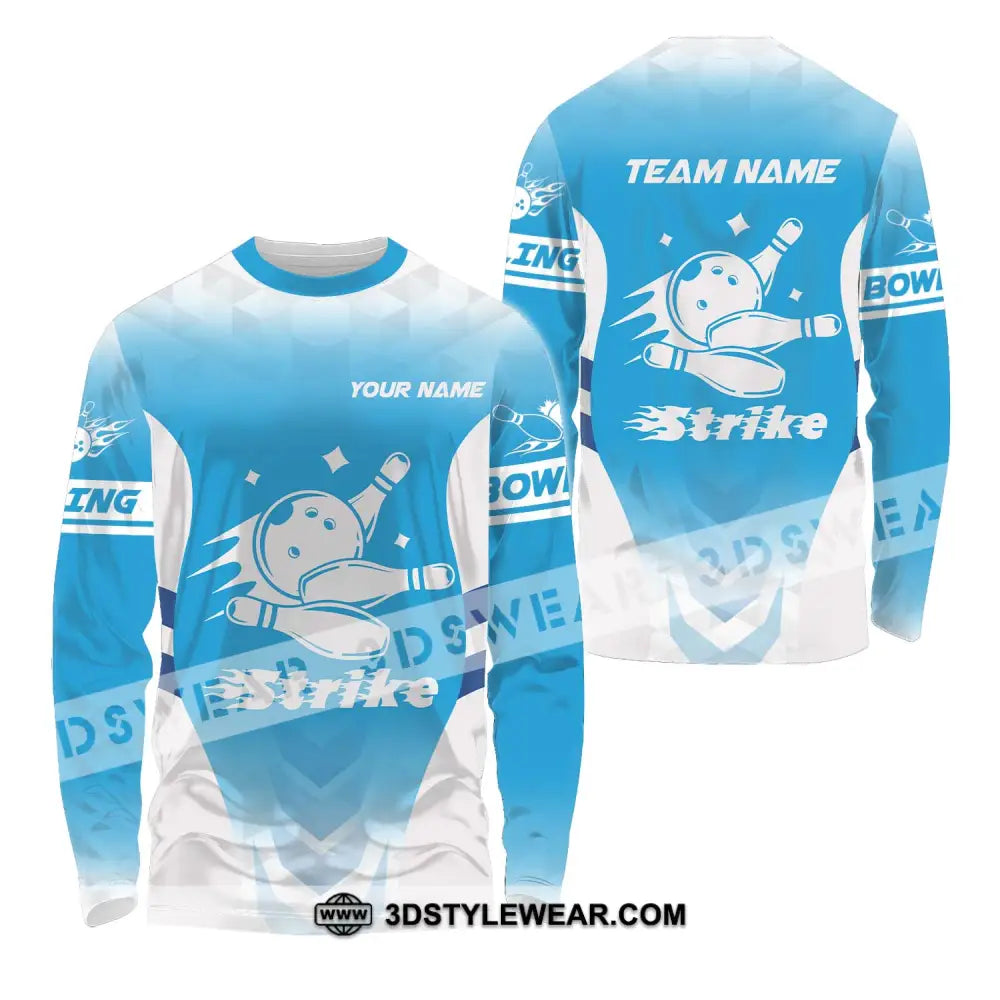 Unisex Shirt - Custom Name And Team Bowling Light Blue Strike Long Sleeve / S T-Shirt