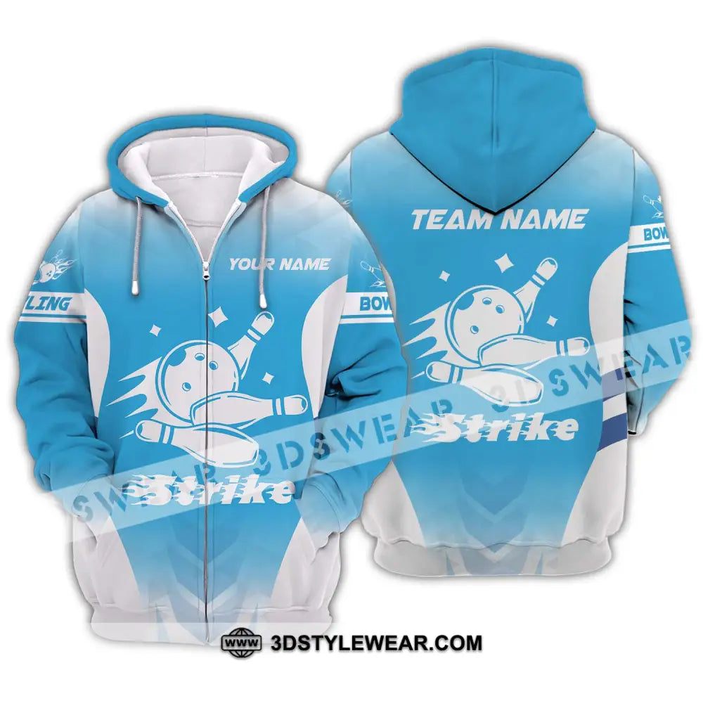 Unisex Shirt - Custom Name And Team Bowling Light Blue Strike Zipper Hoodie / S T-Shirt