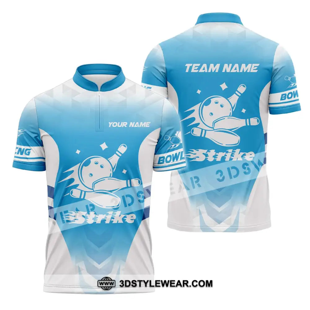 Unisex Shirt - Custom Name And Team Bowling Light Blue Strike Zipper Polo / S T-Shirt