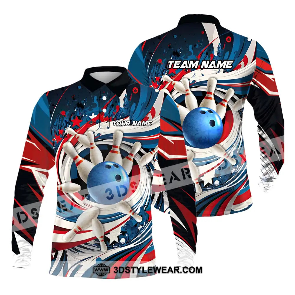 Unisex Shirt - Custom Name And Team Bowling Lover Blue Ball Pins Long Sleeve Polo / S T-Shirt