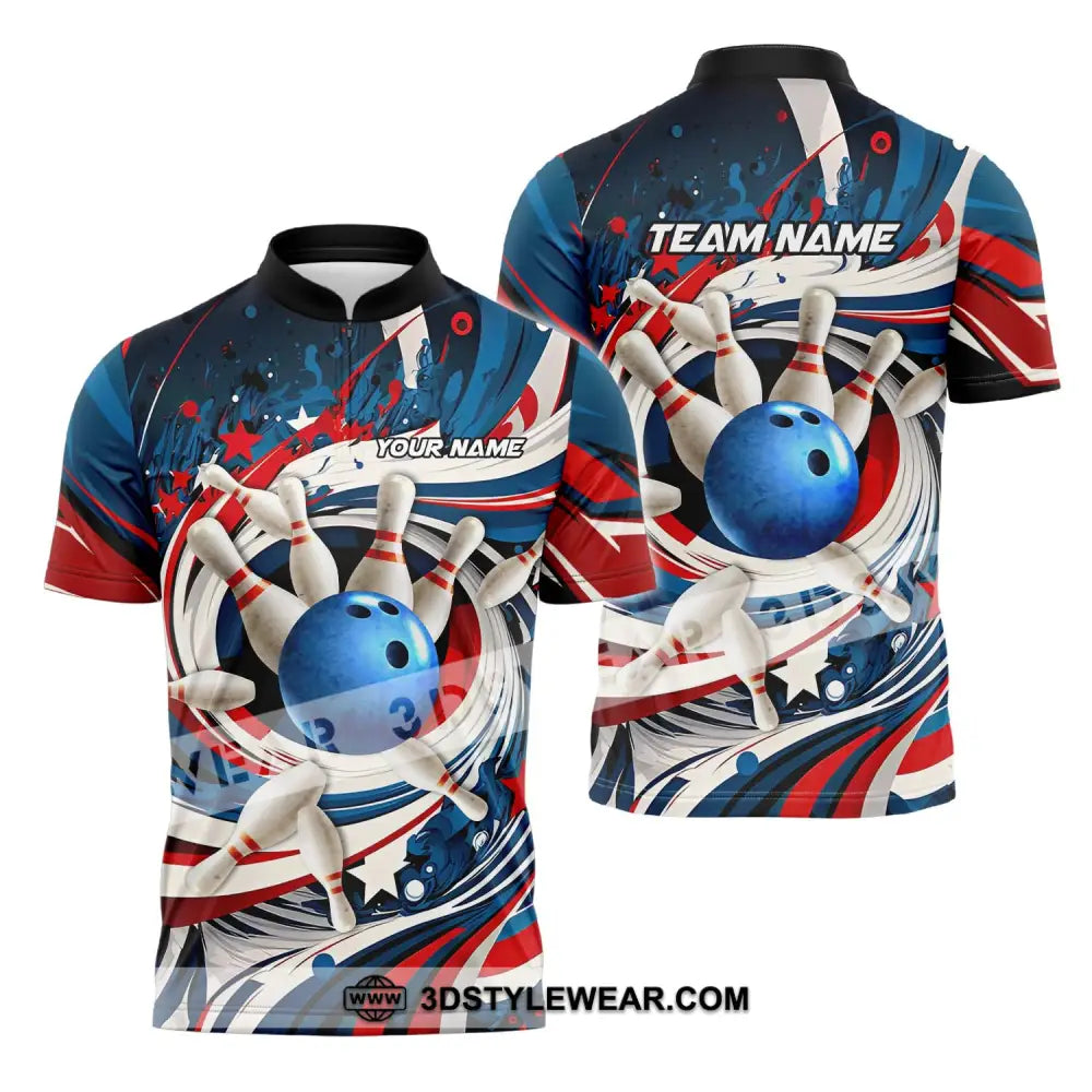 Unisex Shirt - Custom Name And Team Bowling Lover Blue Ball Pins Zipper Polo / S T-Shirt