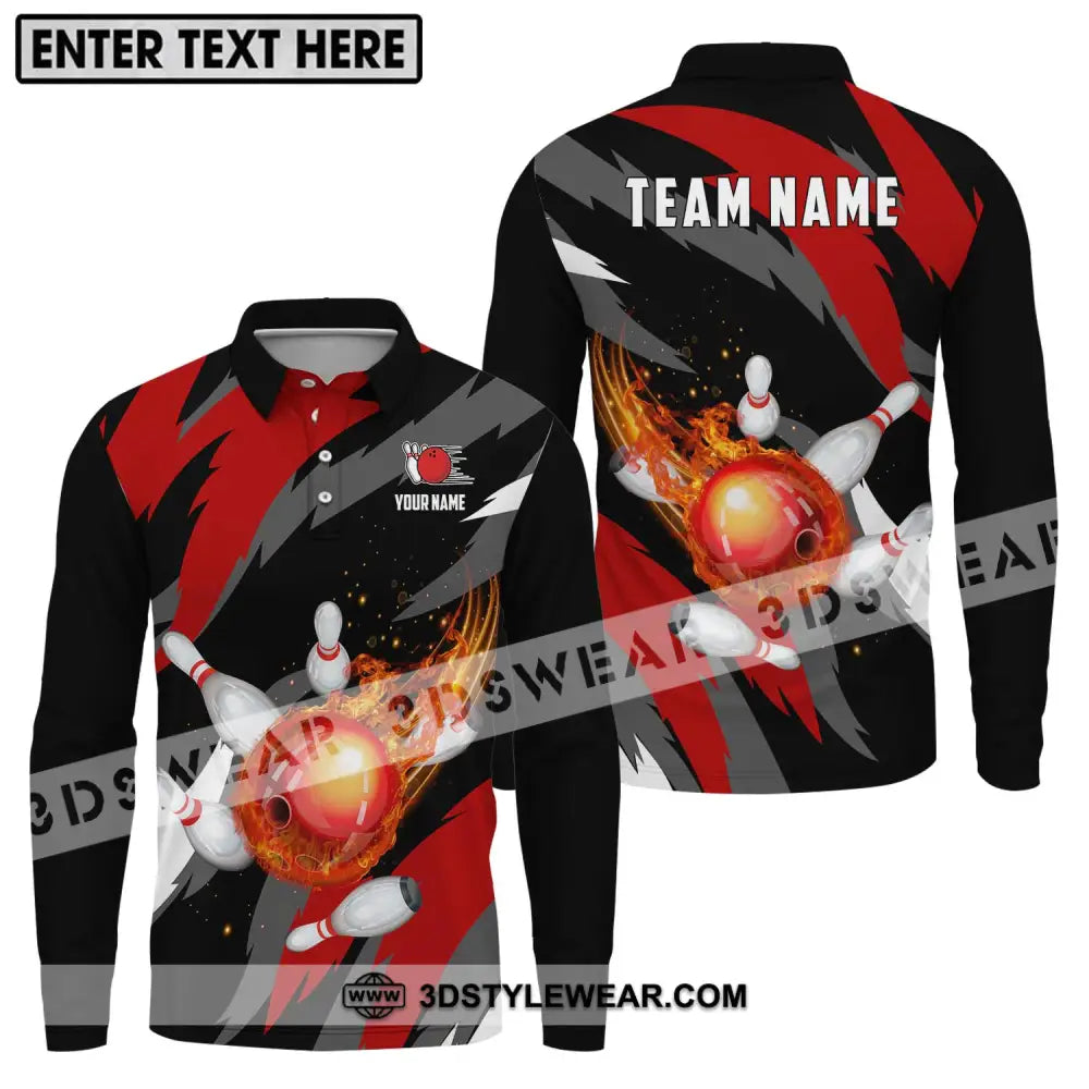 Unisex Shirt - Custom Name And Team Bowling Lover Fire Ball Long Sleeve Polo / S T-Shirt