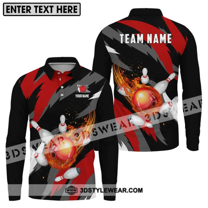 Unisex Shirt - Custom Name And Team Bowling Lover Fire Ball Long Sleeve Polo / S T-Shirt