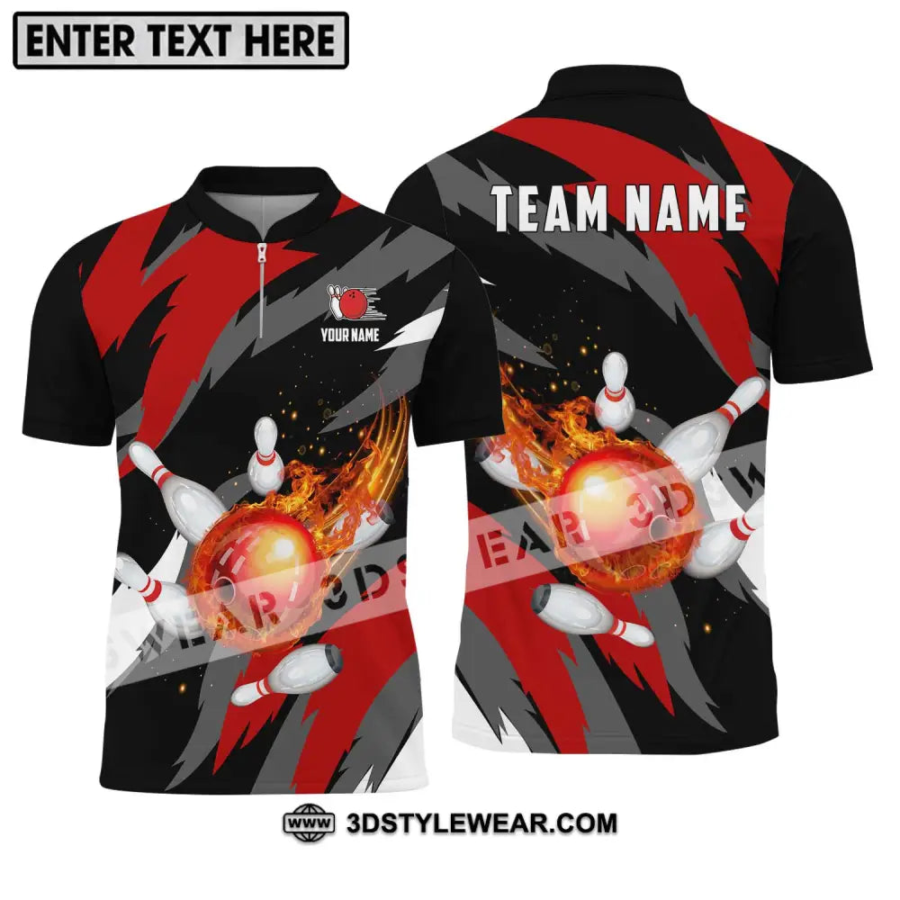 Unisex Shirt - Custom Name And Team Bowling Lover Fire Ball Zipper Polo / S T-Shirt