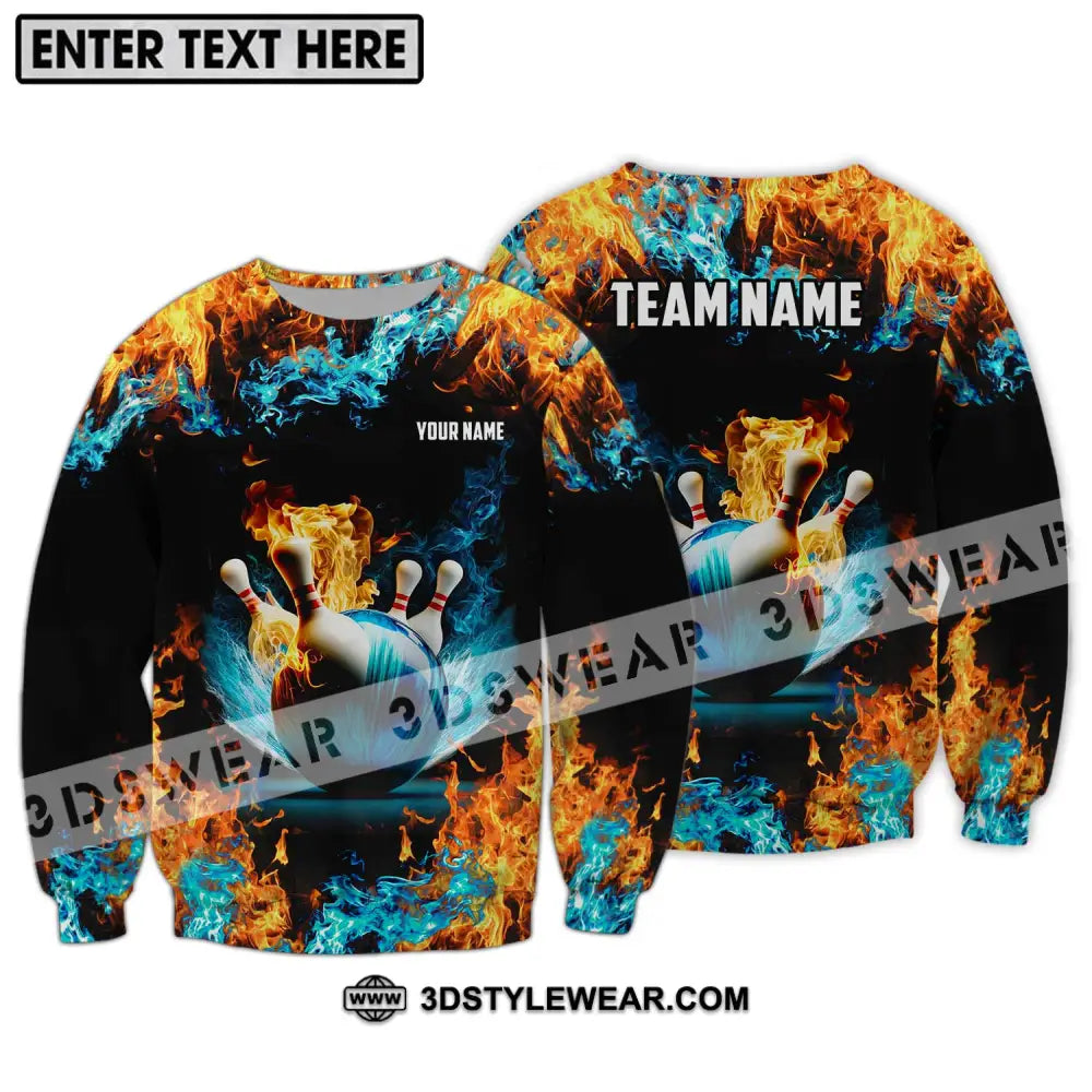 Unisex Shirt - Custom Name And Team Bowling Lover Fire Water Long Sleeve / S T-Shirt