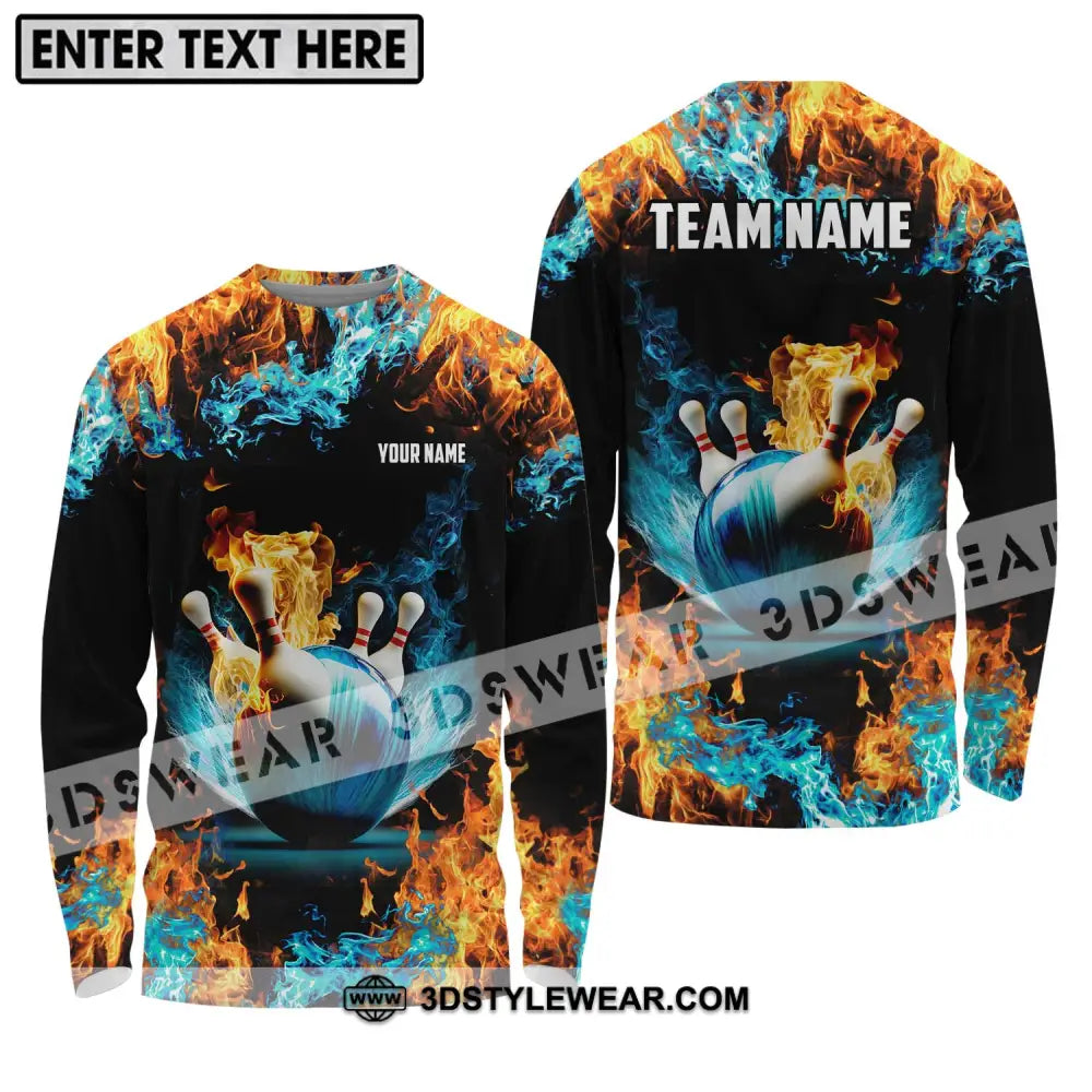 Unisex Shirt - Custom Name And Team Bowling Lover Fire Water Long Sleeve / S T-Shirt