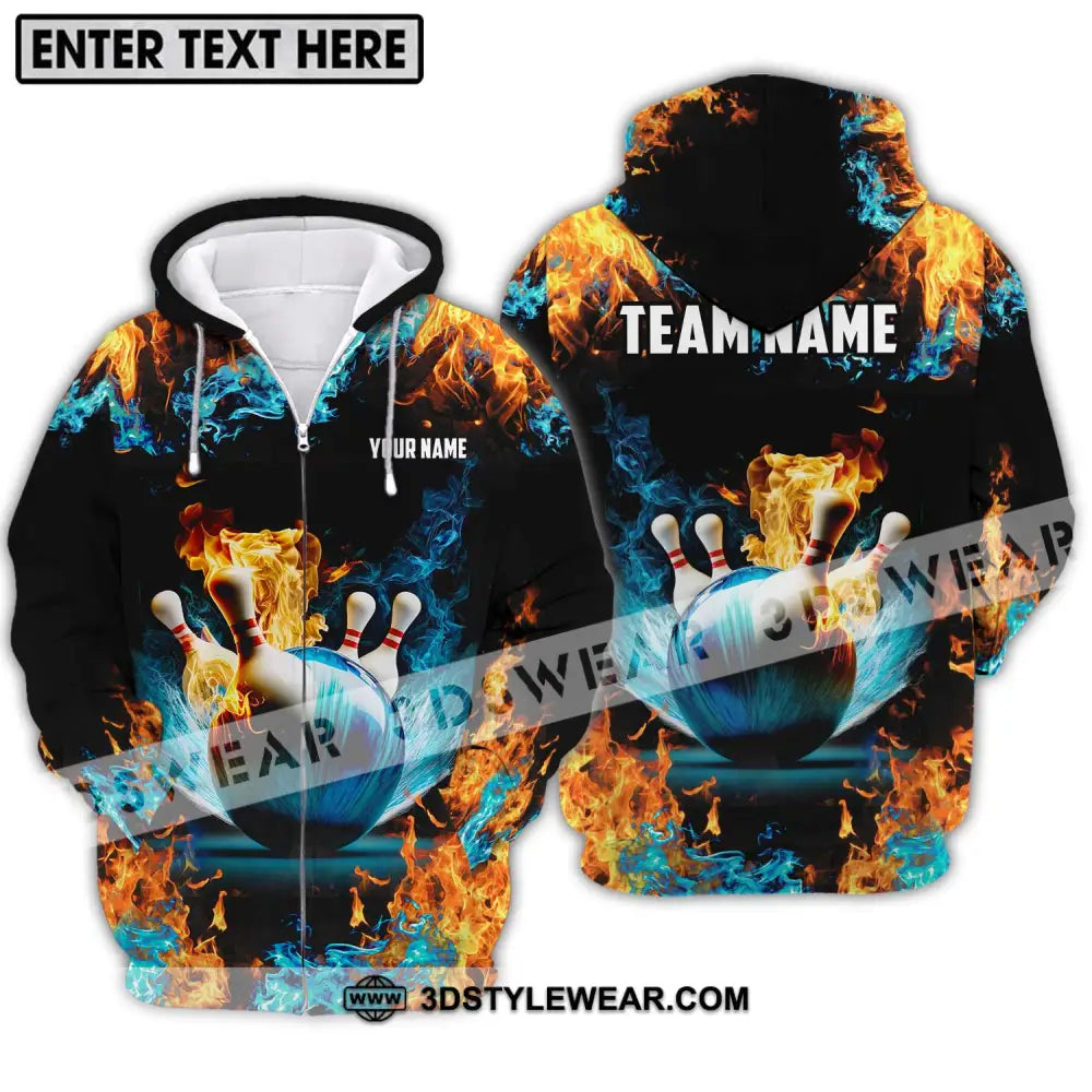 Unisex Shirt - Custom Name And Team Bowling Lover Fire Water Zipper Hoodie / S T-Shirt